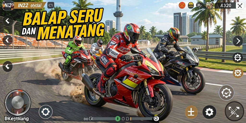 Screenshot gameplay IN22 menampilkan balapan motor yang seru dan menegangkan.